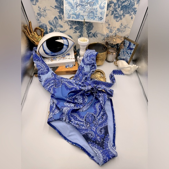 🆕 ZIMMERMANN 🧿 NWOT Wrap-Effect Paisley Print 1PC Swimsuit, Purple, Sz US 2/4 - Picture 2 of 16